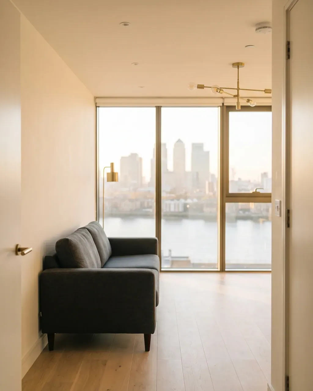 A bright Canary Wharf living room, cleaned and ready for the next tenant